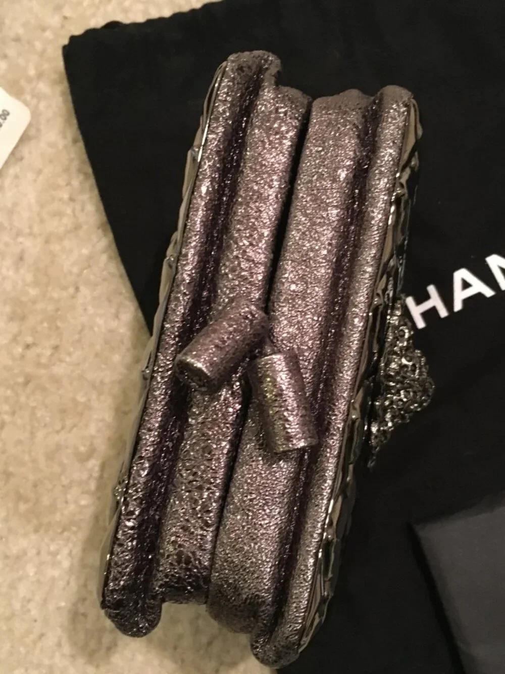 CHANEL RUNWAY BAG - Lions head - DK Silver Metal & Leather Clutch